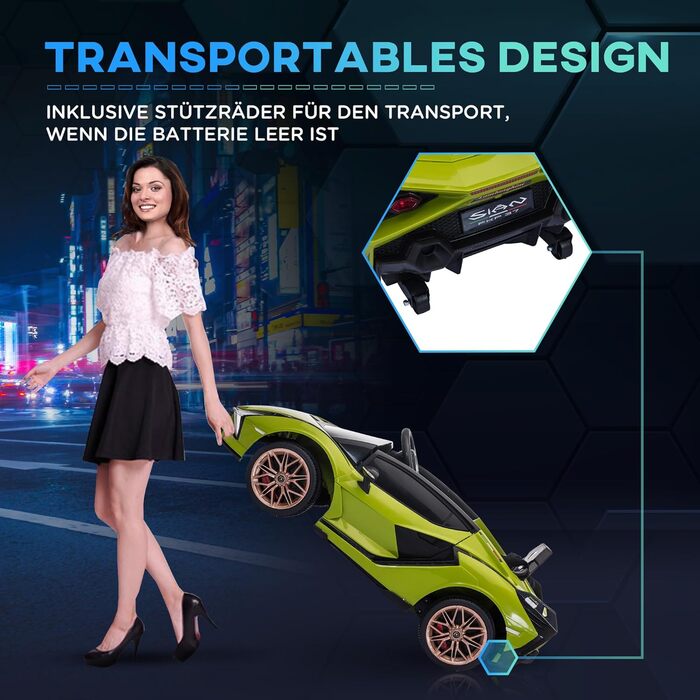Електромобіль для дітей Lamborghini SIAN 12V, з пультом, музика, світло, металевий, зелений, 108x62x40 см, 37-60 місяців, HOMCOM