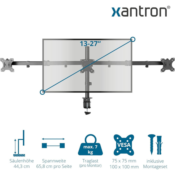 Кріплення для монітора Xantron® ECO-E62 (3 монітори) - 17-32 дюйми, VESA 75x75/100x100, для плоских та вигнутих моніторів, з монтажним комплектом