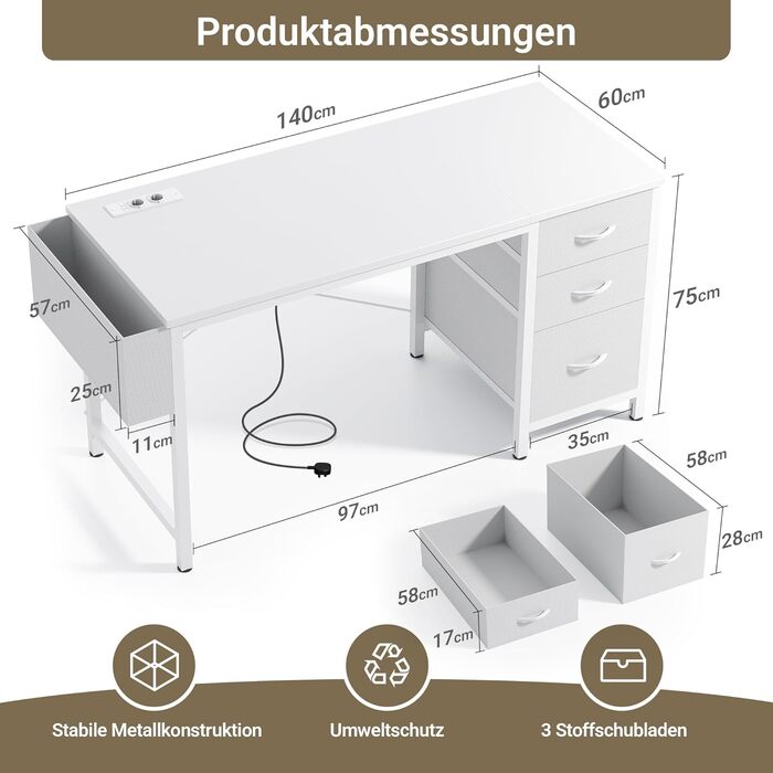 Компактний письмовий стіл Claiks з 3 ящиками, 100x60 см. Комп'ютерний стіл з розетками та USB-портами для дому та офісу