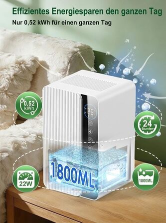 Електричний осушувач повітря 1800 мл, енергозберігаючий, для спальні та ванної кімнати, 22,5W, тихий, з режимом сну, таймером та автовимкненням (550 мл/день)