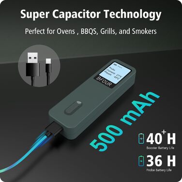 Термометр для м'яса BFOUR BF-30 PRO: бездротовий Bluetooth термометр-щуп з LCD-дисплеєм, IP67 водонепроникний, для приготування на грилі, в духовці, на кухні (зелений)