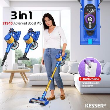 Бездротовий акумуляторний пилосос KESSER® з LED-дисплеєм, до 60 хвилин роботи, тихий, без мішка, з антинамотувальною щіткою, HEPA-фільтр, аромакарта (блакитний/золотий)