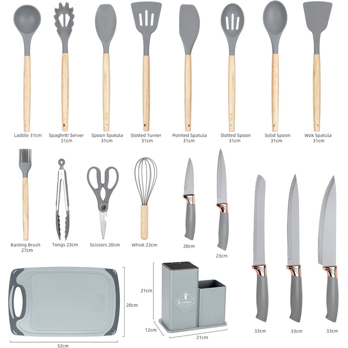 Набір кухонних ножів EliteHoff 19 предметів – набір кухонних аксесуарів з силікону з дерев'яними ручками, 5 ножів, 12 аксесуарів, дошка для нарізання та підставка – безпечний для харчових продуктів, придатний для миття в посудомийній машині, чорний (E-607