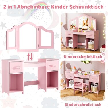 Дитячий туалетний столик MAMIZO 2 в 1 з дзеркалом та стільчиком, рожевий, з 2 висувними ящиками