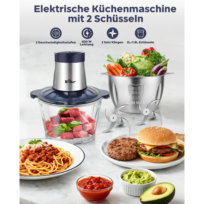М'ясорубка електрична Bear 2л + 1.8л, подрібнювач зі скляною та нержавіючою сталлю, 600W, 2 швидкості, 4 сталеві ножі для м'яса, дитячого харчування, овочів та фруктів
