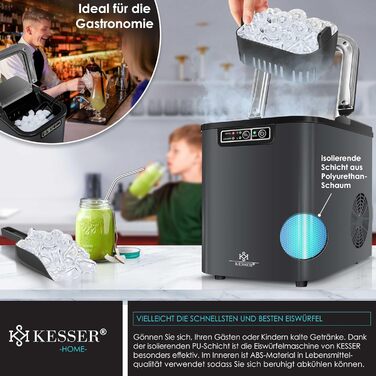 Машина для приготування льоду KESSER® з нержавіючої сталі, 12 кг/24 год, швидка підготовка (7 хв), 2.2 л бак, 2 розміри кубиків льоду, LED-дисплей, самоочищення, аксесуари, антрацит