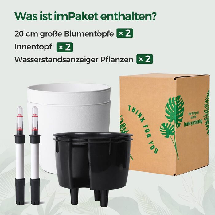 Автоматичні горщики для квітів T4U з індикатором води, 2 шт., 20 см, білий. Підходять для монстери та розмарину, для дому та саду