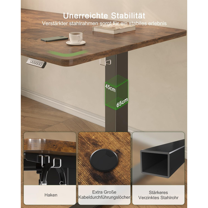 Електричний стіл JUMMICO 100x60 см з USB-портом для зарядки, регулювання висоти, коричневий