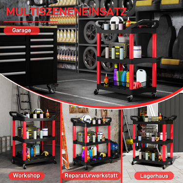 Ящик для інструментів з 3 рівнями, бічні ручки, колеса, пластик, червоний