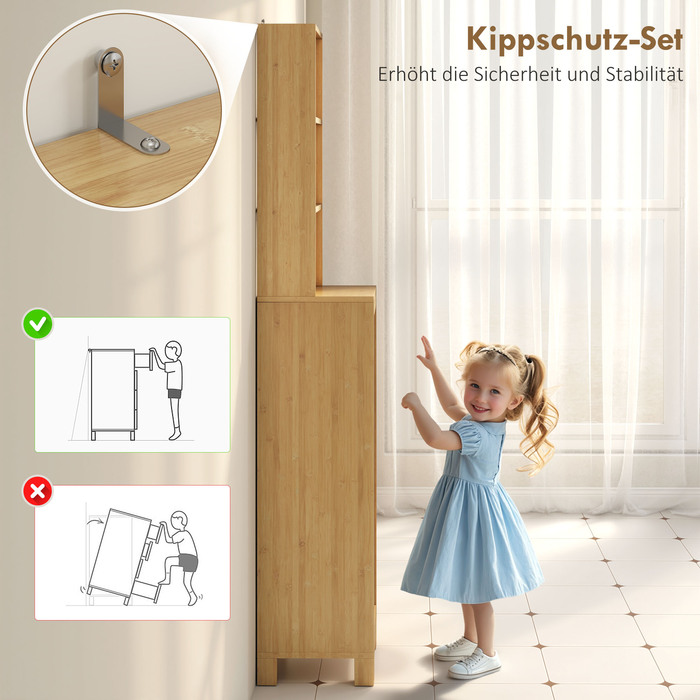 Вузька шафа для ванної кімнати, висока шафа з 3 відкритими полицями, регульованими полицями, жалюзійною дверцятами, розміром 34 x 30 x 170 см, колір - натуральний