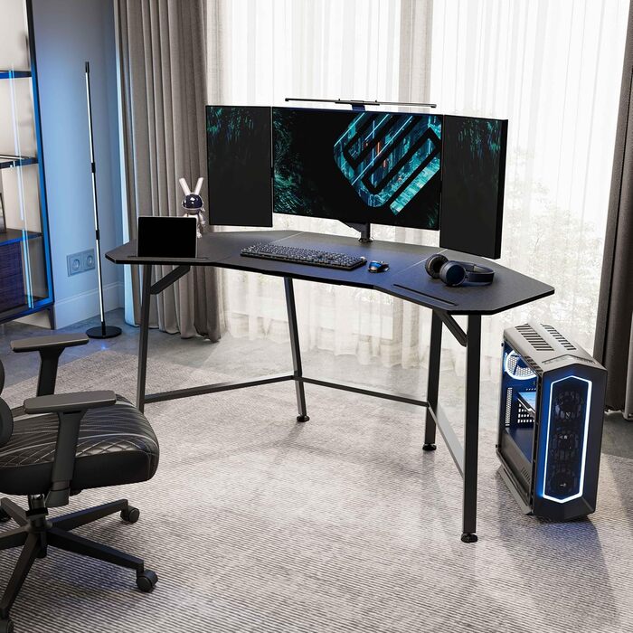 Ігровий стіл EUREKA ERGONOMIC 160x74 см - великий стіл у формі крила для ігор, ПК, дому, офісу, стрімінгу. 2 слоти для iPad. Чорний.