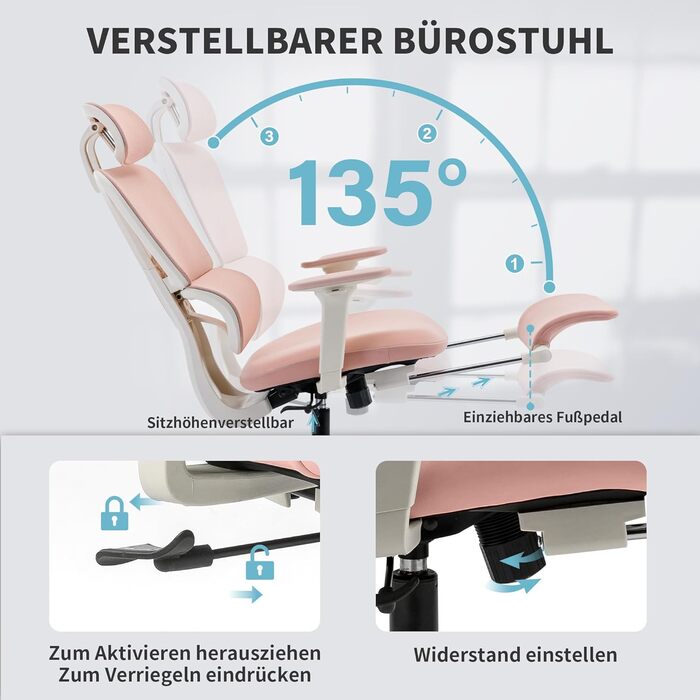 Ергономічне крісло для офісу з підніжкою, висока спинка, 2D-підголівник, відкидні підлокітники, сидіння з губки, сітчастий крісло для офісу, крісло для начальника, комп'ютерне крісло для дорослих (рожеве)