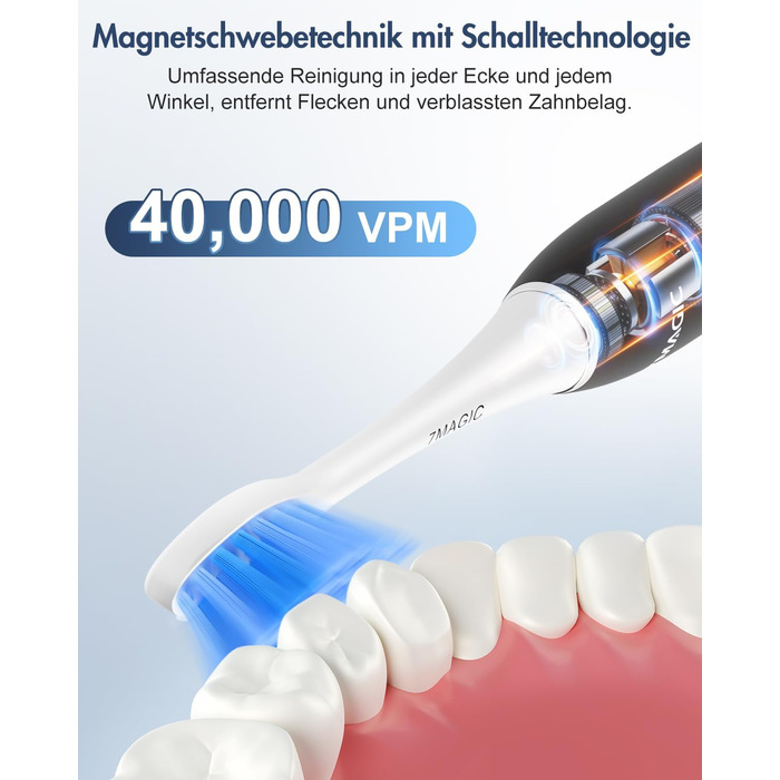 Електрична зубна щітка Sonic з 6 режимами, 3 інтенсивностями, 40000 вібрацій/хв, IPX7, акумулятор 90 днів, таймер, для подорожей, чорна