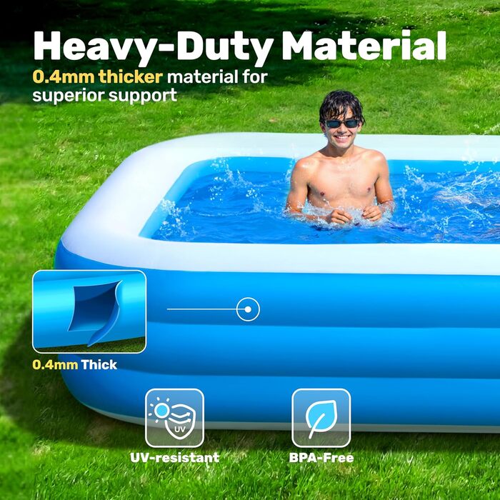 Надувний басейн Sloosh з сидіннями, 304.8 x 182.8 x 55.8 см, посилений басейн для сімей, ідеальний для літніх вечірок біля води в саду, на терасі або на газоні, блакитний