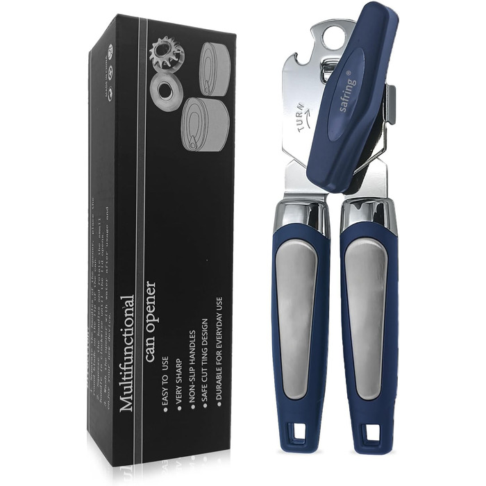 Відкривачка для консервів ручна, з нержавіючої сталі, з зручною ручкою, гостра клинка, гладка кромка, з функцією відкривання пляшок (Блакитна)