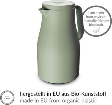 Термос Alfi ECONSCIOUS 1.0л, туманно-зелений, з ізоляцією, з вбудованим скляним вставкою, з біо-пластику, з кришкою-вертушкою, з кнопкою, для зручного наливання однією рукою, ідеальний для кави та чаю, без BPA