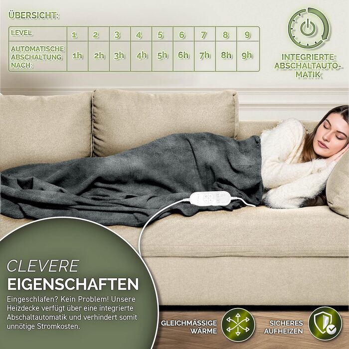Електрична гріюча ковдра 200x180 см сірого кольору | з таймером та 9 рівнями нагріву | Плюшева ковдра, пральна до 40°C, цифровий дисплей