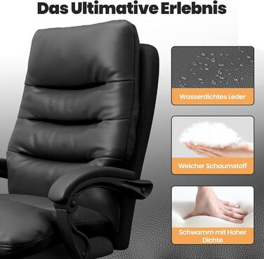 Ергономічне крісло для офісу Naspaluro з підніжкою, крісло для комп'ютера з двошаровою подушкою, високою спинкою, функцією відкидання, регулюванням висоти, з PU-шкіри, чорне, до 150 кг