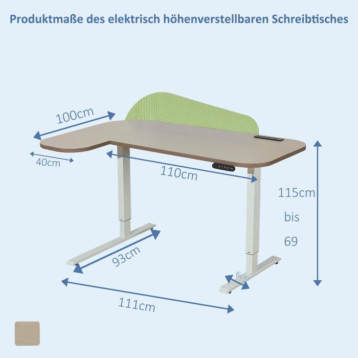 Електричний кутовий стіл з регулюванням висоти 150 см, L-подібний, з 4-ма пам'ятями, з'єднувальною панеллю, для дому та офісу (150x68 см, світло-коричневий/зелений)