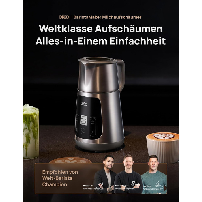 Dreo автоматичний спінювач молока All-in-1, 800 мл, срібний. Спінювач для лате-арту, гарячих та холодних напоїв, 30+ рецептів, для миття в посудомийній машині