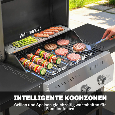 Газовий гриль 9 кВт, 3 пальники, нержавіюча сталь, з візком, відкидним бічним столиком, тримачем для спецій, нижньою полицею та 6 гачками