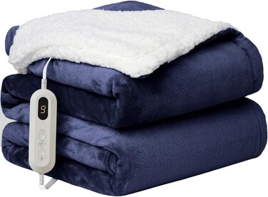 Електрична ковдра з підігрівом Neo, м'яка, з фланнелі та шерпою, двостороння, темно-синя