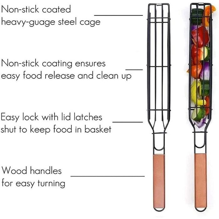 Антипригарні кошики для шашлику Кошики для гриля, кошик для гриля Решітка для гриля з термостійкою дерев'яною ручкою, шампури для гриля з нержавіючої сталі Квадратна сітка для гриля, коптильна трубка для гриля овочів 4 шт. и Основний колір