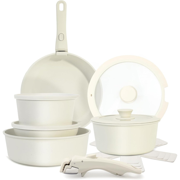 Набір посуду Cuisinluv 15 предметів: каструлі та сковорідки з антипригарним покриттям, знімні ручки, для індукційних плит, для дому та подорожей, кремово-білий