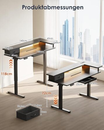 Регульований стіл OffiGo 140x60 см з L-подкоркой, USB-роз'ємом та висувною шухлядою. Чорний колір.