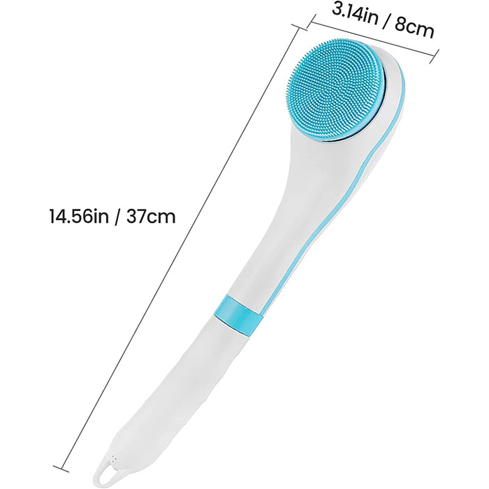 Електрична щітка для тіла для душу з довгою ручкою Електрична щітка для спини Щітка для душу з 4 миючими головками Відлущувальний скраб Обертовий скраб для спа для всіх типів шкіри, водонепроникна щітка для тіла синя