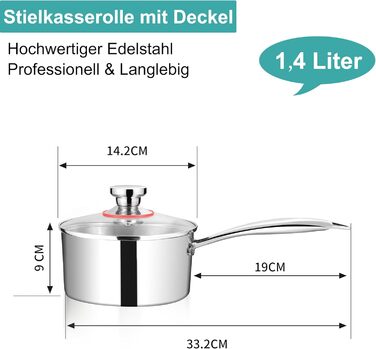 Каструля HaWare 16 см з нержавіючої сталі з кришкою, 1.9 л, для всіх плит, індукція, здорове приготування, не має покриття, для миття в посудомийній машині
