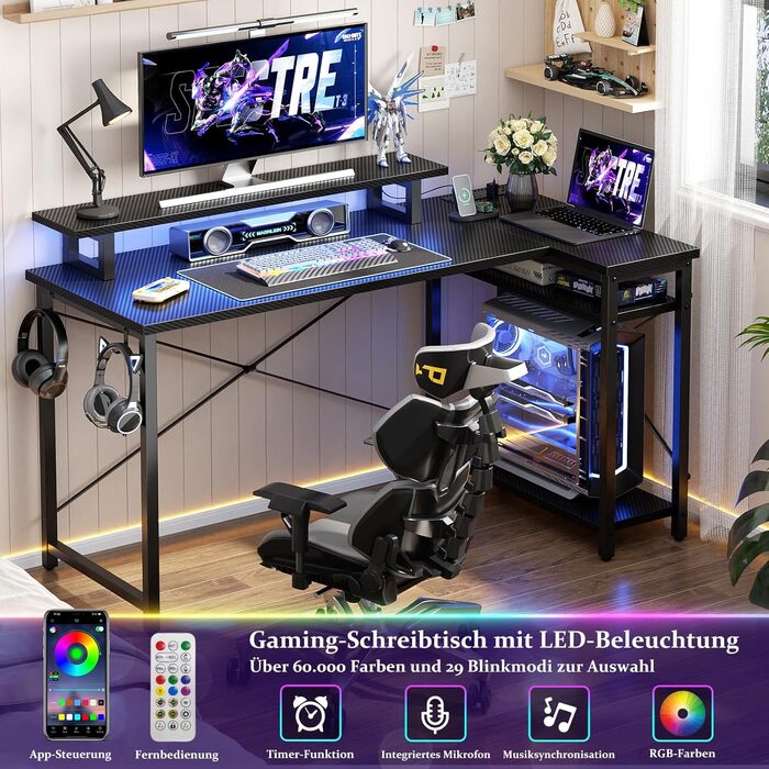 Кутовий ігровий стіл з LED-підсвічуванням та розетками, комп'ютерний стіл з полицями, обертовий кутовий стіл з підставкою для монітора, 120 x 70 см, ДСП, колір: сіра береза (карбон, чорний)