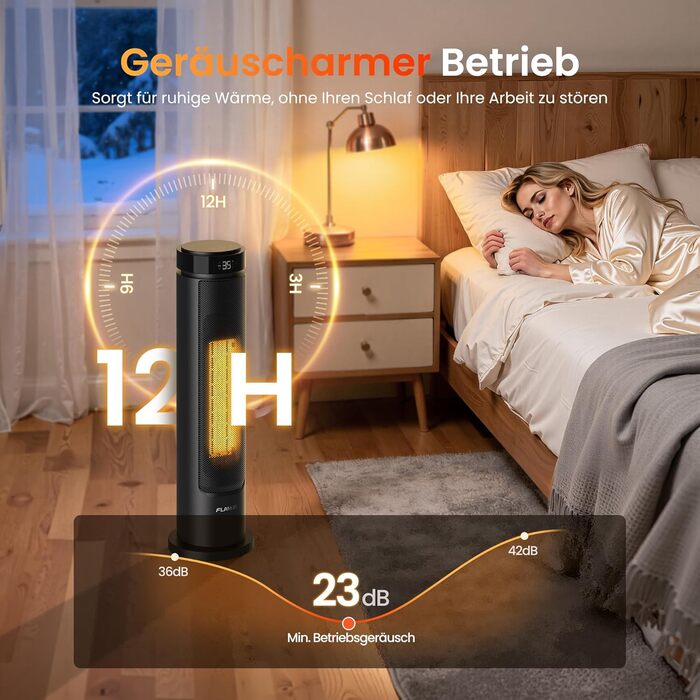 Електричний обігрівач 1500W з PTC-керамічним нагрівачем, портативний з термостатом та ECO-режимом, 4 режими, цифровий дисплей, таймер 12 годин, тихий (35dB), чорний (60см)