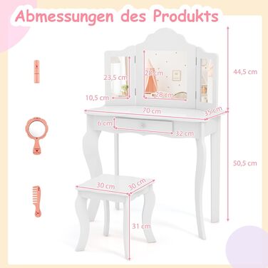 Детский туалетный столик COSTWAY 2-в-1 с LED-подсветкой, зеркалом и ящиками, для девочек (белый)