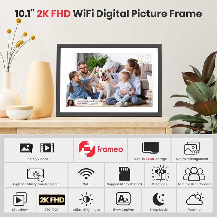 Цифровий фоторамка Frameo 10.1 дюймів: 64GB, 2K сенсорний екран, автоповорот, Frameo App