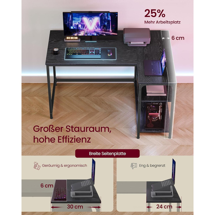 Настільний комп'ютерний стіл VASAGLE L-подібної форми з полицею, для дому та офісу, 110 x 80 см, чорний, без розетки