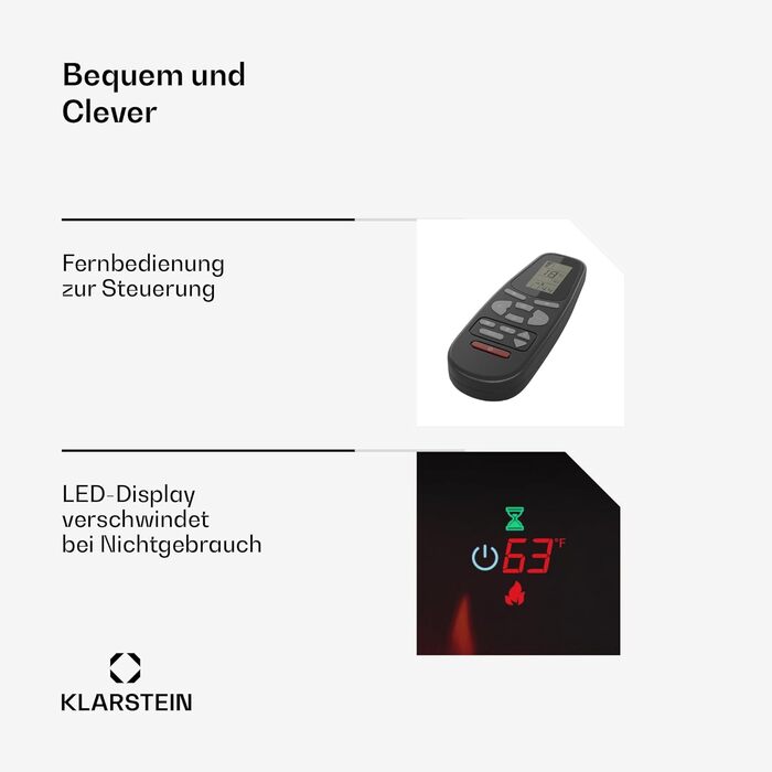 Електрокамін Klarstein Galeras Smart 1800 Вт, LED-полум'я, керування через додаток і пульт, регулювання кольору й яскравості, захист від перегріву, настінний, чорний, 152,5x47x13 см