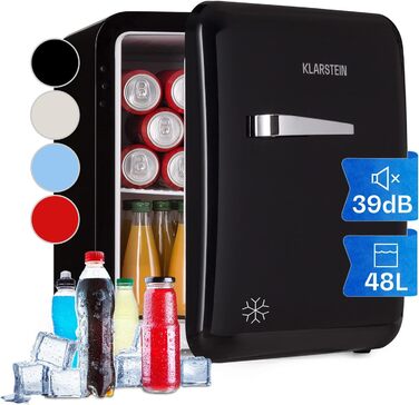 Холодильник Klarstein, міні-холодильник для напоїв, компактний холодильник, тихий, для догляду за шкірою, вінтажний дизайн, для кемпінгу, міні-холодильник для кімнати, 0-10°C, 48 л, енергоклас D, чорний
