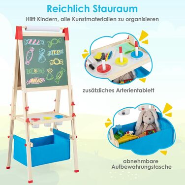 Дитяча мольберт COSTWAY 3 в 1: регульована висота, двостороння дошка для малювання, біла та крейдяна дошка, папір для малювання з літерами та цифрами, коробка для зберігання