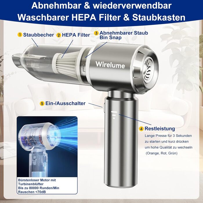 Акумуляторний ручний автомобільний пилосос 4 в 1, потужність 22000 Па, циклонна система, 3 режими всмоктування, портативний бездротовий пилосос для авто та шерсті тварин (світло-сірий)