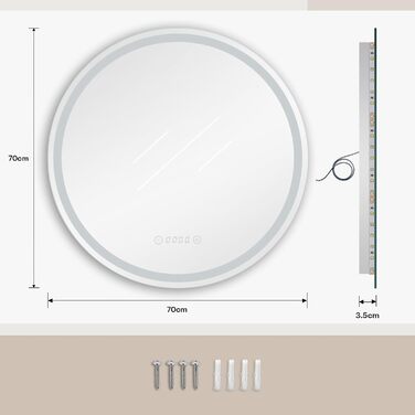 Дзеркало для ванної кімнати Dripex круглої форми з підсвічуванням LED, сенсорне управління, регулювання яскравості, 3 кольори світла, запобігання запотіванню, 50x50 см