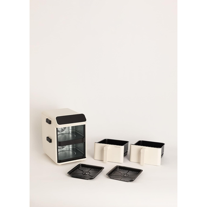 Фритюрниця без олії повітряного приготування 4.2L з пароваркою / Об'єм 5-6 порцій, 6 програм, скляна корзина, регулювання часу та температури, 1300W (11.2L ДУАЛЬНА СТАК, Кремовий білий)