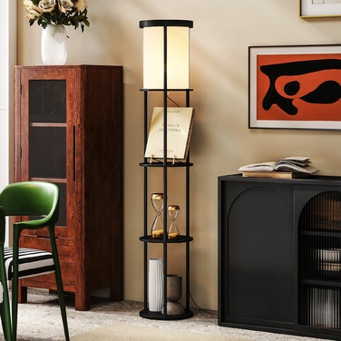 Стійка лампа HOMCOM з 3 полицями, кругла форма, пульт дистанційного керування, вимикач на підставці, регульована колірна температура світла, для вітальні, чорного кольору