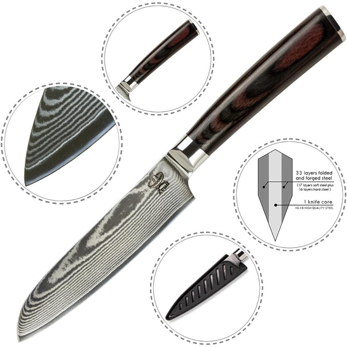 Ніж Santoku ZEUß Damast (24 см) - професійний кухонний ніж з дамаської сталі 67 шарів, з точильним каменем, дерев'яною ручкою та захистом леза, подарункова коробка