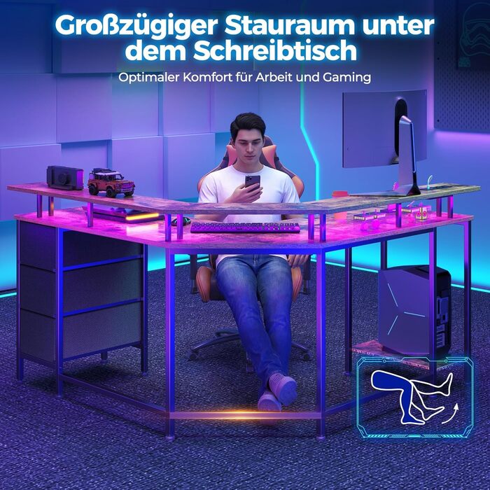 Ігровий кутовий стіл Seventable L-подібний з LED підсвіткою, розетками та 3 текстильними шухлядами, 135x135x88 см (Вінтажний коричневий)