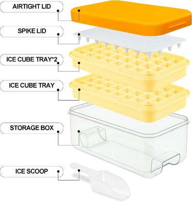 Лоток для кубиків льоду з кришкою і контейнером, 64 кубика льоду, просте натискання, щоб розпушити лід, охолодити коктейль, віскі, кава, 2 миски, 1 відро для льоду і ківш (жовтий)