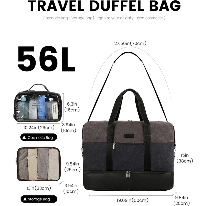 Спортивна сумка LOVEVOOK для жінок, дорожня сумка-валіза, дорожня сумка-мішок, валіза ручної поклажі, сумка для подорожей, сумка для пологів, сумка для одягу, сумка з відділенням для взуття, з косметичкою, бежево-коричнево-чорна (canvas), 50x38x25 см