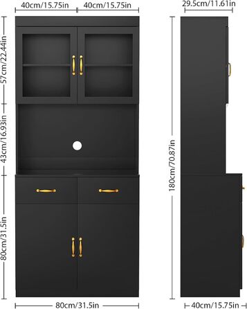 Кухонна шафа VOWNER з робочою поверхнею, буфет на кухню з 4 шафами, вітрина, буфет з регульованими полицями, 80 x 40 x 180 см, для кухні, вітальні, офісу, їдальні (білий) (чорний)