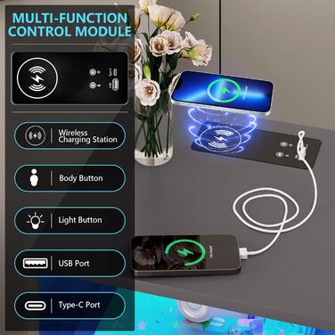 Світлодіодна тумбочка LVSOMT з USB/Type-C, 2 шухляди, дерево, сіра, для спальні/вітальні