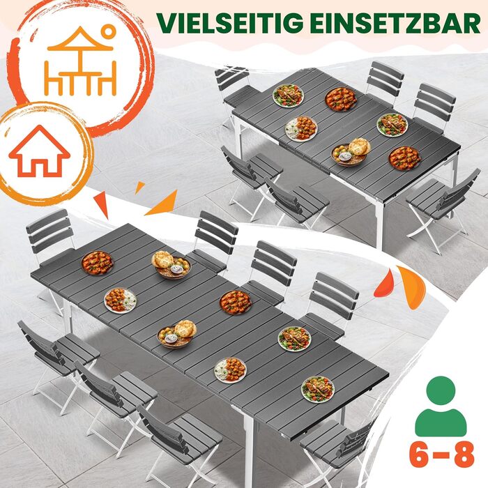 Розкладний садовий стіл KESSER® 180/240x90 см для 8 осіб. Стіл з розширенням, сталеве покриття, HDPE стільниця, стійкий до погодних умов та УФ-випромінювання. В комплекті 6 підставок з фетру (антрацит/білий).